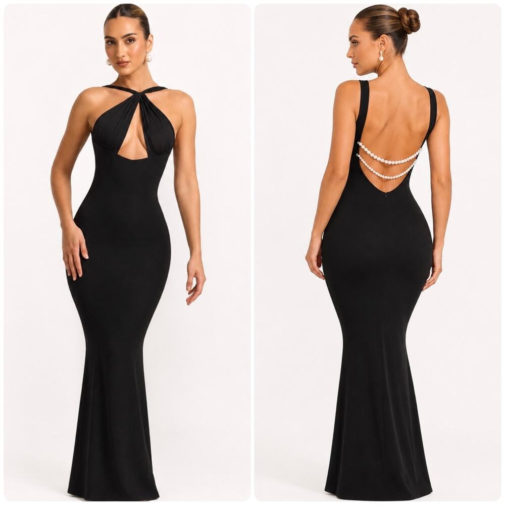 Oh Polly Xanthia black halter neck maxi dress pearl embellishments Size 12 New